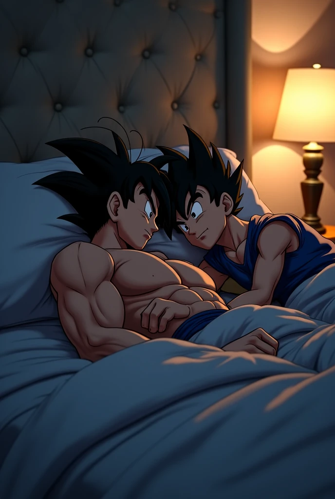 Son Goku and Son Gohan in boxers, hairy body, age difference, erotic