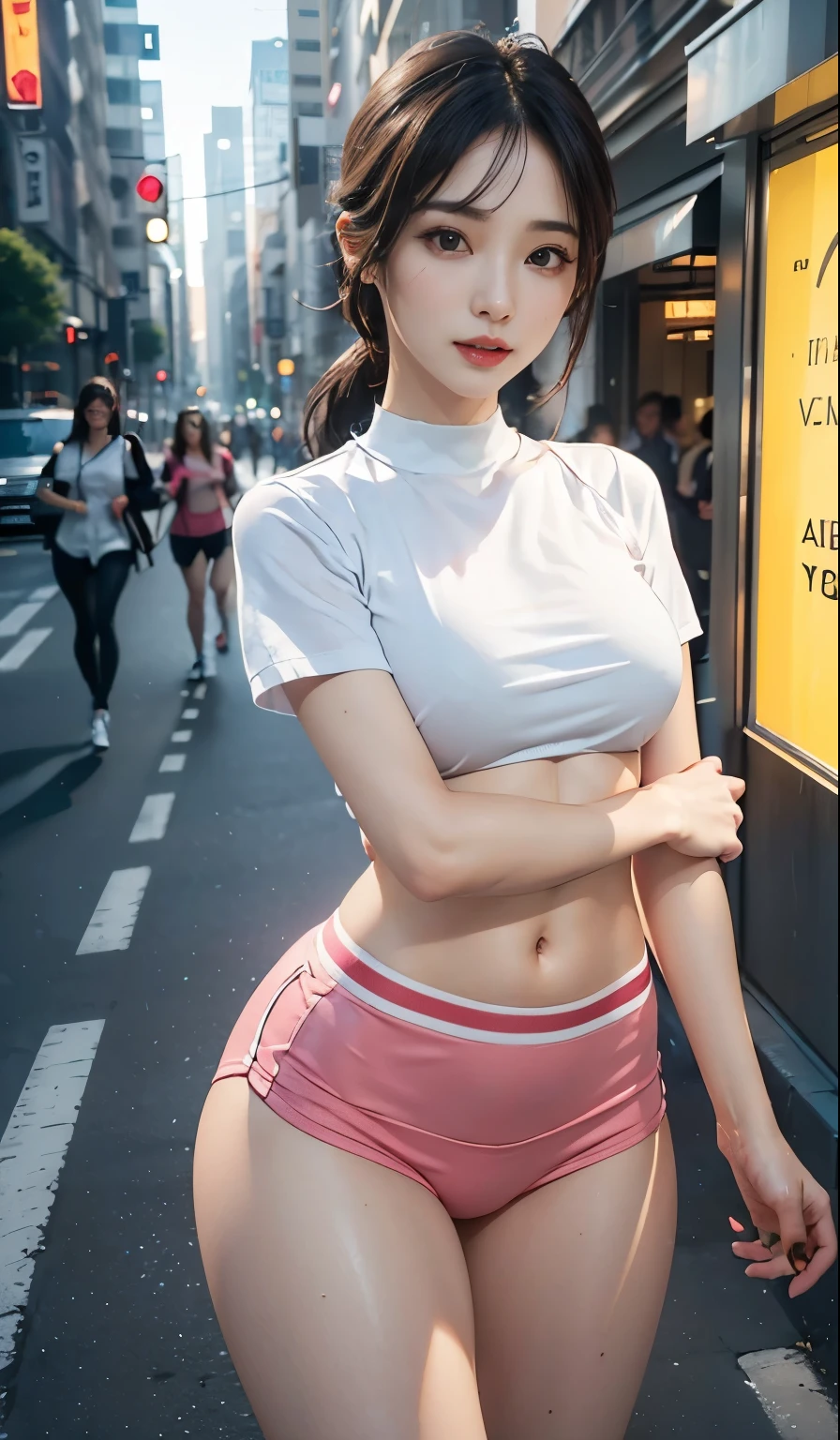 Pretty Japanese woman, dark hair, short pony tail, passionate, drooling, wearing white basketball jersey, underboobs, small breast, flat chest, white panties, sweating, wet, on the street, sunny day, smooth armpits