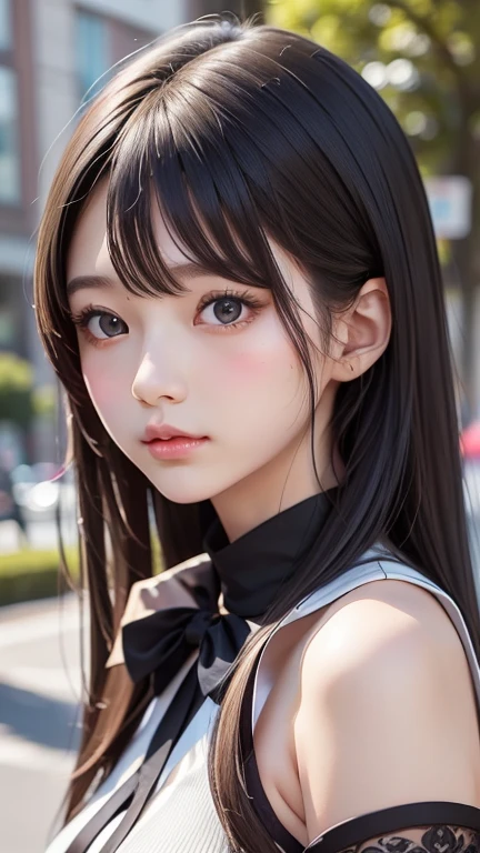 (1 nogizaka girl,raw photo,photo realistic:1.5),(best quality, high quality,HDR, highest quality,ultra high resolution,high resolution,high res,ultra high difinition,huge file size,8K,2K wallpaper,8K wallpaper,high quality texture,amazing,an extremely delicate:1.4),one girl, Japanese famous idol,beautiful face,small face,absurd,ridiculous,incredibly ridiculous,portrait,breasts close up,blurry background,(bikini,maid,cleavage,no makeup:1.2),medium skin,beautiful skin,detailed skin,small head,black hair,silky hair,(Japanese eyes:1.3),detailed eyes,black eyes,Japanese idol eyes,Japanese nose,5-fingers,(Light Particles, Lens Flare, Luminous Particles: 0.7),looking at viewer,bright lighting,professional lighting,girl