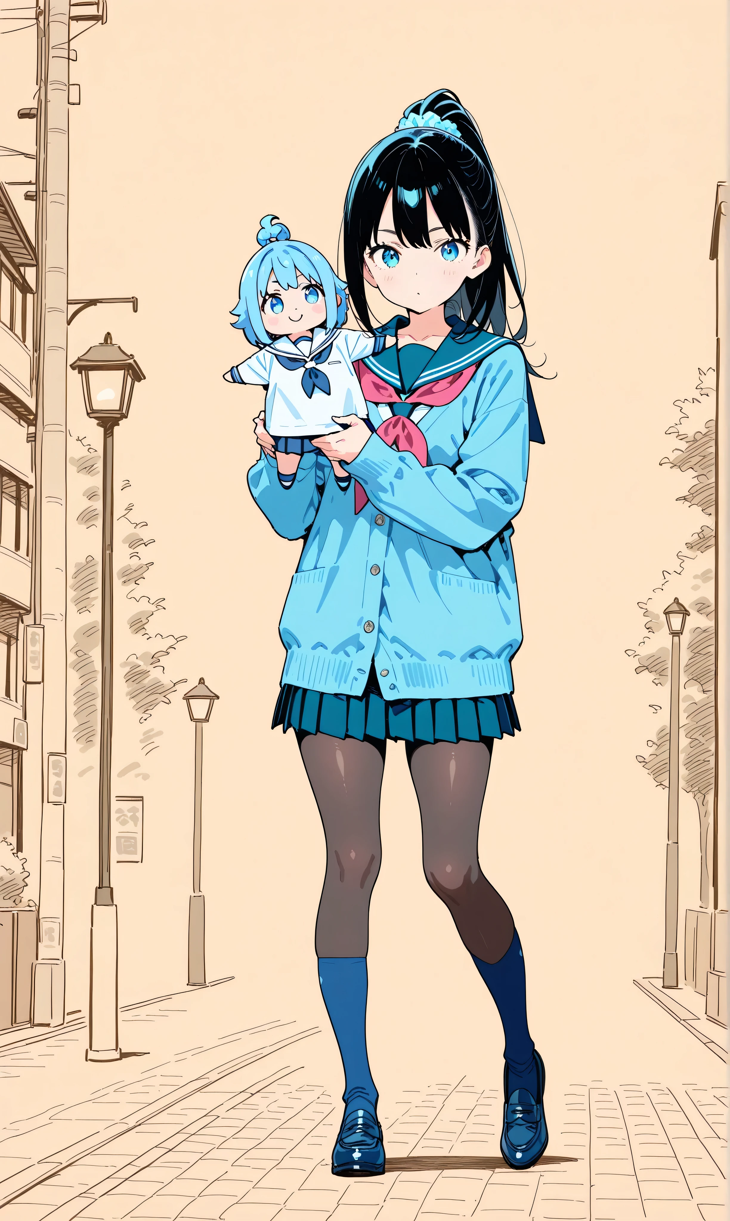 (watercolor:0.4)、(  pastel  :0.6)、 black hair:2,  1girl , {{{M-shaped legs}}}, [[[flat color, anime coloring, hatching, sketch]]], year2024, ai-generated, puppet, dot nose, cute, kawaii, Shibuya city, Alone,  serafuku, long ponytail, navy pleated skirt, shiny skin, white shirt, black pantyhose, blue eyes, photo_background, long sleeves, navy blue cardigan, navy blue knee-high socks, detailed background, vibrant colors, dynamic pose, standing in Shibuya crossing, soft lighting

