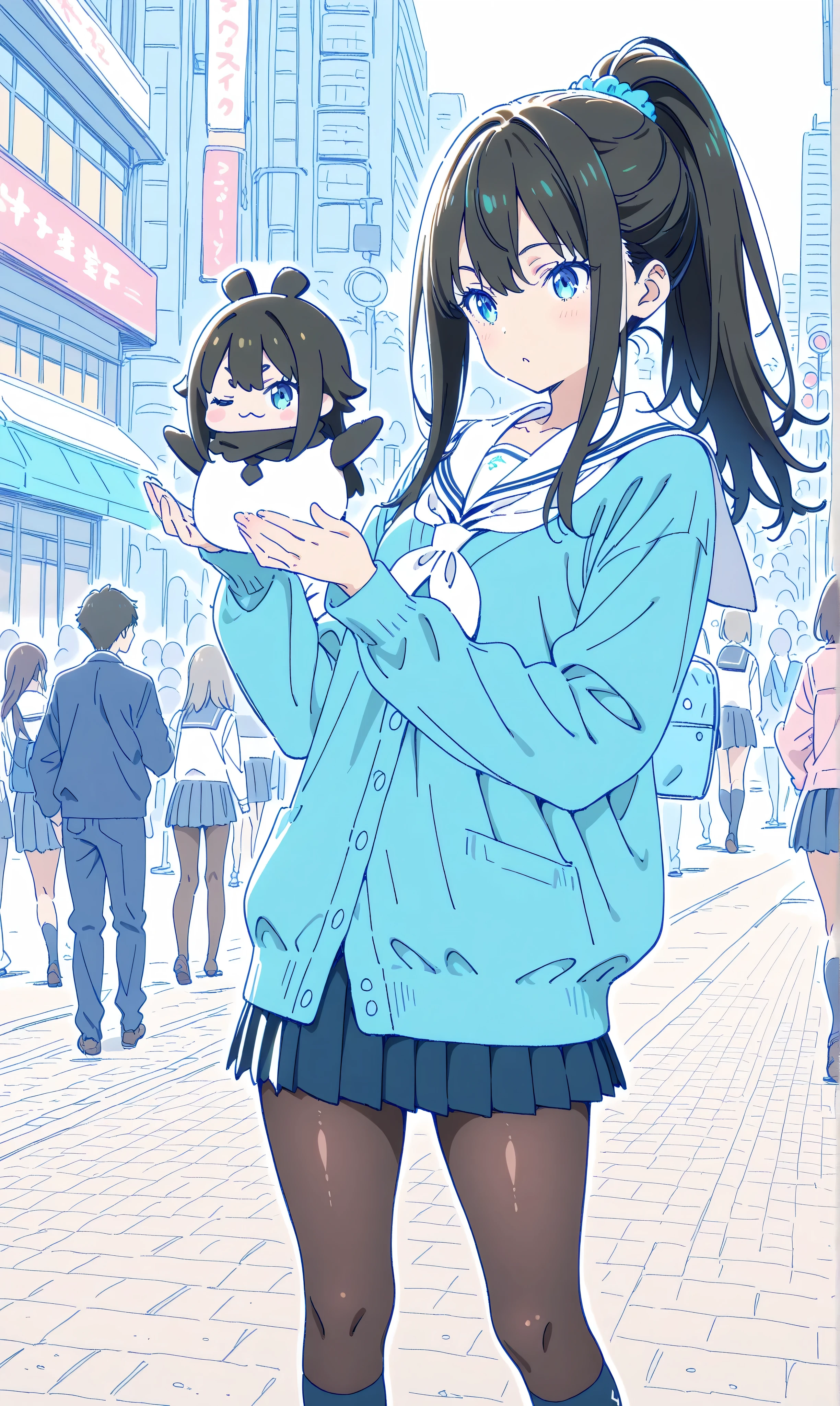 (watercolor:0.4)、(  pastel  :0.6)、 black hair:2,  1girl , {{{M-shaped legs}}}, [[[flat color, anime coloring, hatching, sketch]]], year2024, ai-generated, puppet, dot nose, cute, kawaii, Shibuya city, Alone,  serafuku, long ponytail, navy pleated skirt, shiny skin, white shirt, black pantyhose, blue eyes, photo_background, long sleeves, navy blue cardigan, navy blue knee-high socks, detailed background, vibrant colors, dynamic pose, standing in Shibuya crossing, soft lighting
