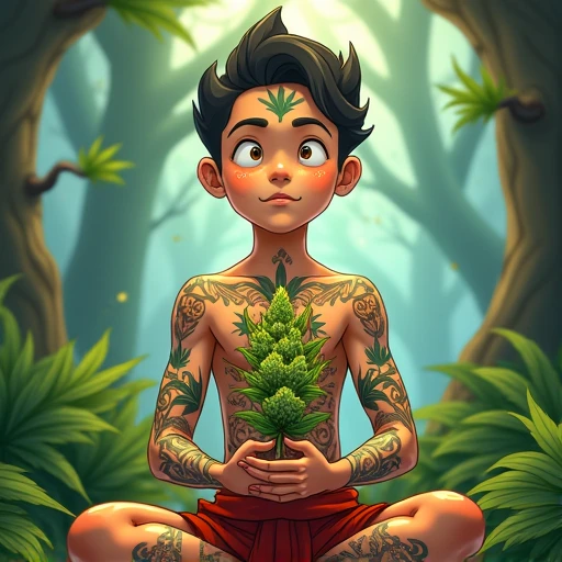 create a non-human figure, sem genero, masculine traits, meia idade, sitting in lotus position in a psychedelic garden square, with human appearance give me three more options,