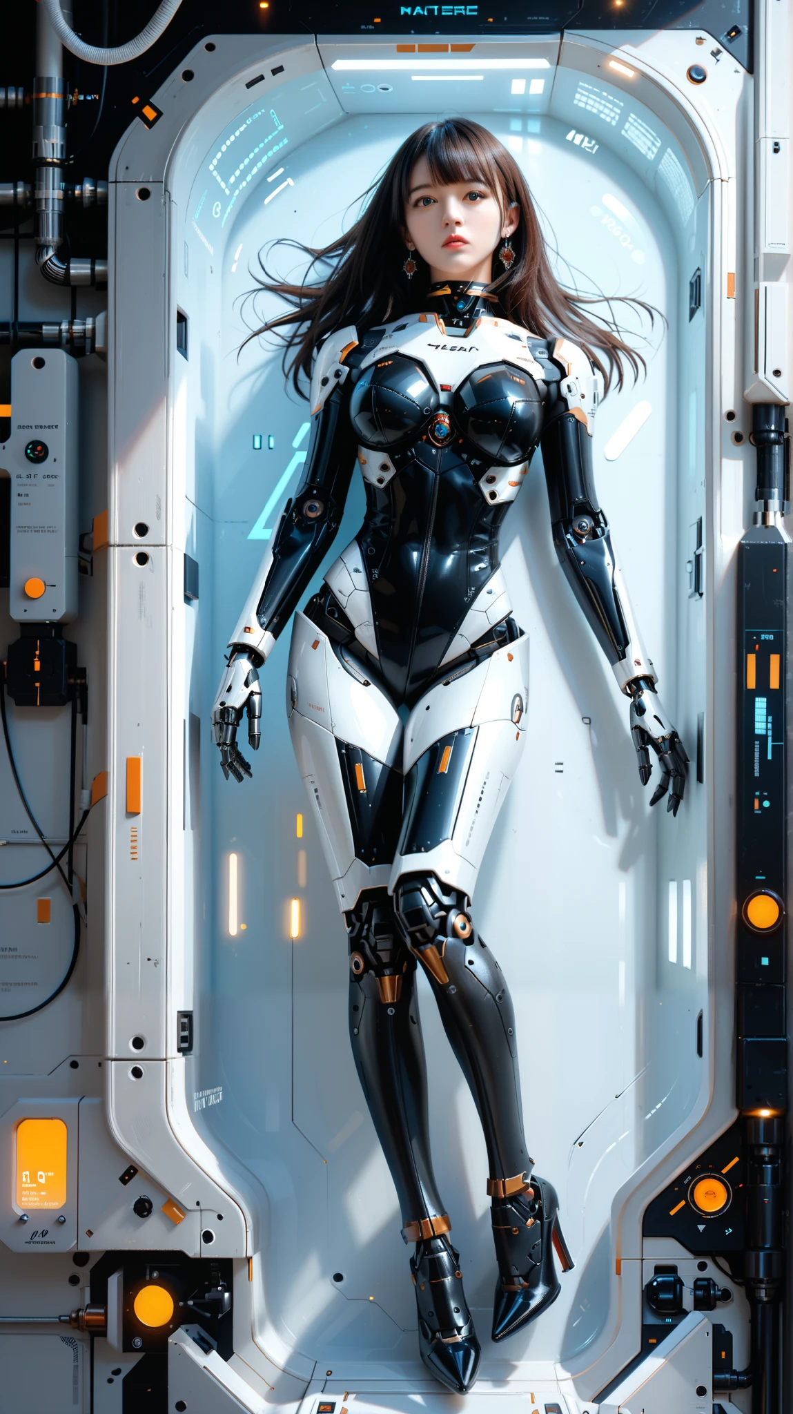 (((masterpiece))), (realism, realism texture, (science fiction, distant future), (top Quality, High Quality, top resolution, high resolution, (ultra detailed, high detailed))), (beautiful robot girl:1.3), (she is incredible machine:1.4), (beautiful face), (thin lips, wide mouth), blue lighting eyes, (black robot armor:1.4), machine frame, (robot legs, high heels, (mechanical hands)), (robot joint:1.3 ), (robot neck joint), (machine parts, electronic component, complete parts, joint wiring:1.4), frame of perfect machine, (Let hair down, straight hair:1.3), Expressionless face, (full body shot), (closed mouth), (laboratory), (lying, from above)