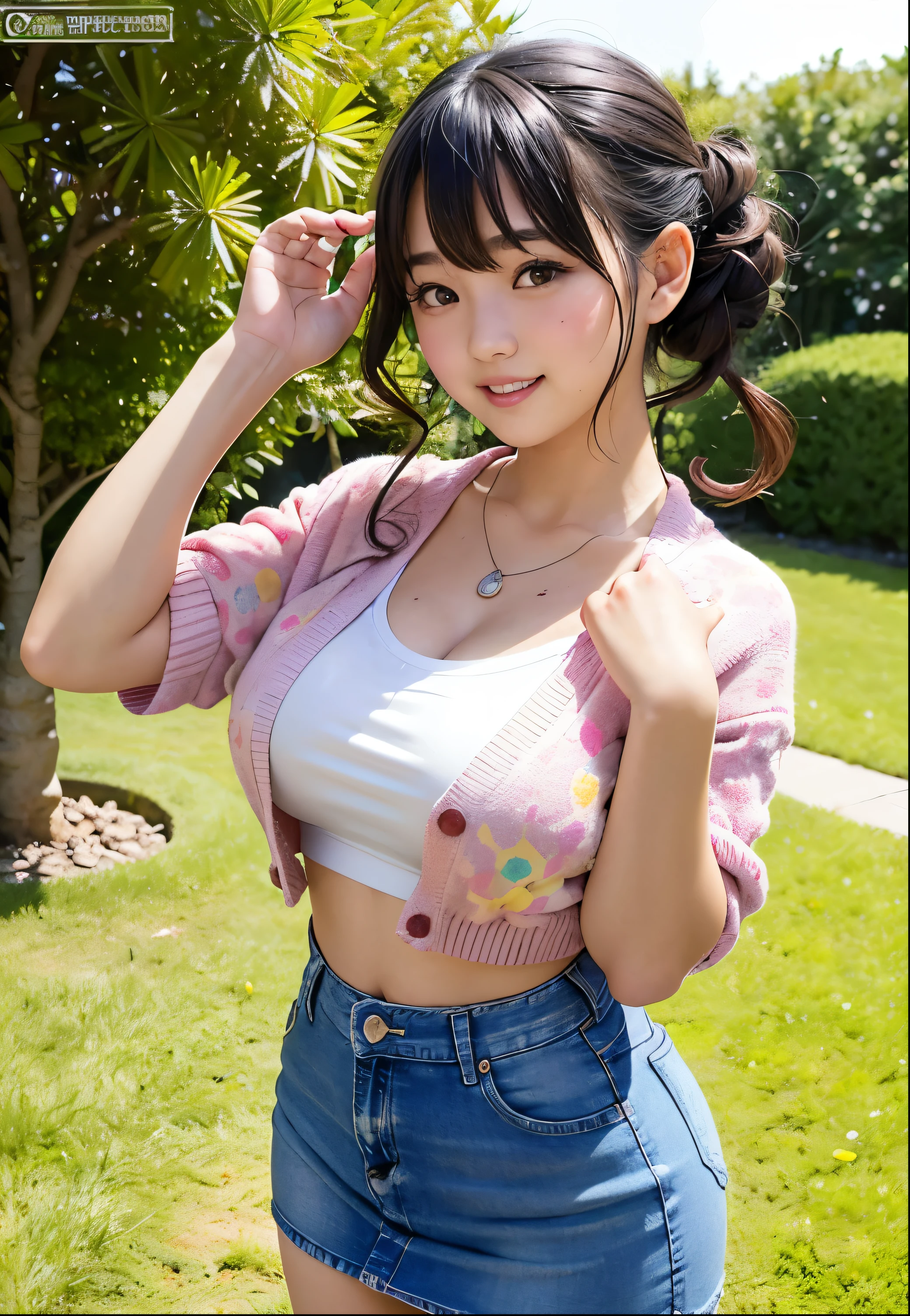 ((cardigan)), volumetric lighting, Masterpiece, Best Quality, High Resolution, shiny skin, 20 years girl, realistic,(bob hair), seductive smile, (medium breasts), ((long shot)), grass park, ((black knit hat)), full body, ((kneeling)), (pink skirt), (((spread thighs)))