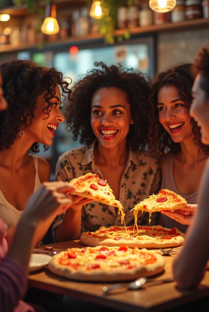 African woman accompanied by American woman and Asian woman eating pizza in Brazil