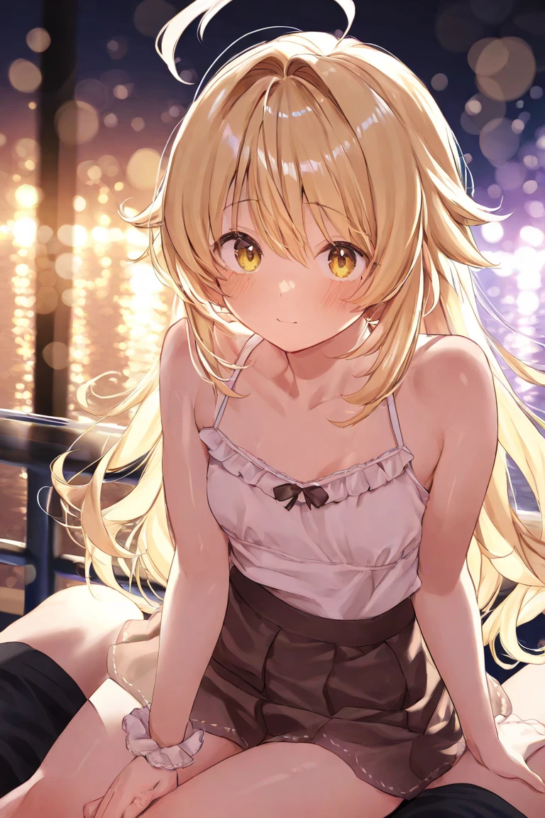 (Masterpiece, Top quality:1.5), nsfw, (dynamic angle:1.2), (1 beautiful girl, solo:1.2), squatting down, (Blonde hair:1.3), ponytail, medium Hair, wavy Hair, asymmetry bangs, swept bangs, airy hair, large breasts:1.2, 14 year old, (sundress:1.3), smile:1.3:1.4, blush, beautiful scene of narrow alley, magnificent panorama view, blurry background ,open mouth