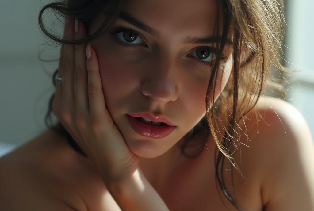 (((ultra realistic))) Photo, masterpiece, top quality, (pale skin), (Ultra detailed face and eyes:1.3), 1 girl, Adult, in a T-shirt, ((Eye makeup, mascara)), (large detailed lips), ((Pink волосы в хвост)) , (Natural breasts), Slim waist. ((Posing)), photoshoot, studio (soft lighting), (The play of light and shadows), depth of field, bokeh, (special attention to skin detail: 1.2), Detailed leather texture, skin pores. (Warm atmosphere of the frame. Color range - steel blue to warm amber tones), UDR, ((Film grain)), ((rays)), (Glare), ((Photo to the waist, view from above)) , ultra detailed,