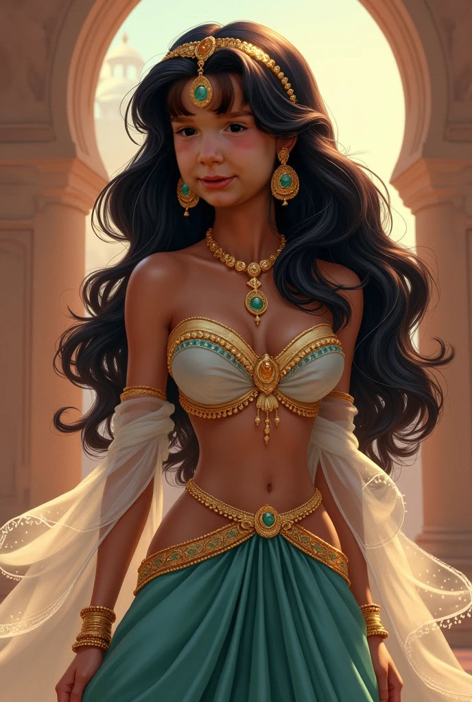 Ek ladki jiske balck hair hai or dual partician ho rakha hai or maang me bada sa maang tika ho round shape me or earings bhj badee hone chaiye or nath honi chaiye sirf el chain jitni patli or dress me golden blouse or half pet dikhna chaiye or lower part me light golden dhoti shape full skirt and hands me snake ornaments