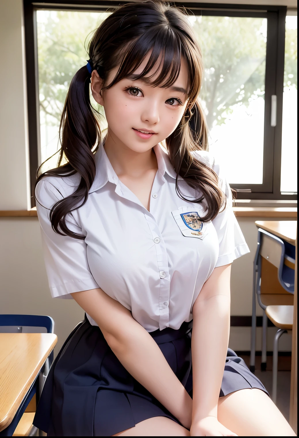 (best quality,masterpiece:1.3, super high resolution ),(very well detailed、caustics) (realistic:1.4, RAW shooting、)Ultra-realistic Capture、very well detailed、natural skin texture、masterpiece、( Japanese girl in uniform in a high school classroom:1.3)、hair blown in the wind、 adorable expression 、Expressions of joy、、: 、、innocent girl、 amazingly cute、twin tail hairstyle、 curly hair、scrunchie 、 black hair、very big breasts、 Glowing Thighs、Photo taken in a high school classroom 、Background details、smile、 charming gaze、(human anatomically accurate)、 attention to detail 、