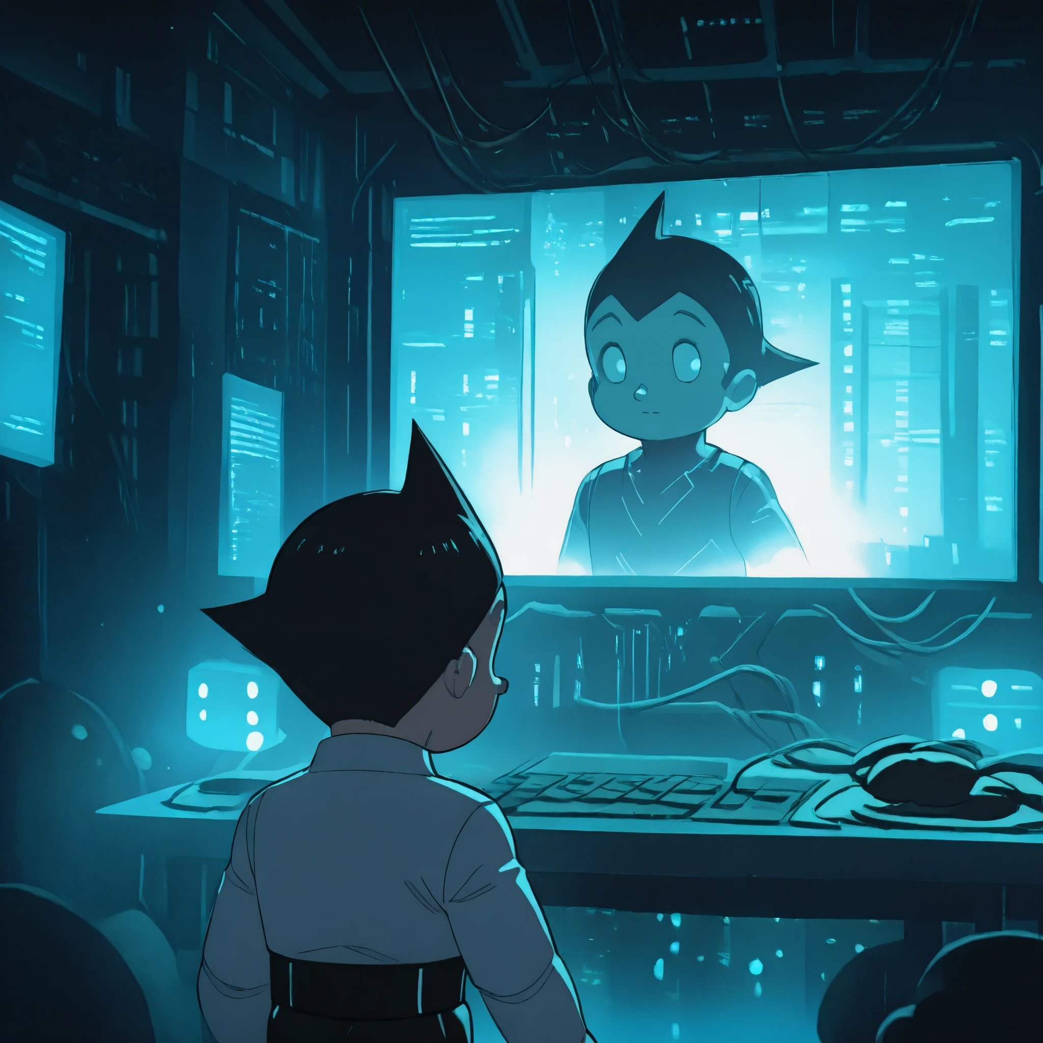 AstroBoy, 1boy, half-lidded eyes, detailed, intricate, cinematic lighting, soft bedding, cozy bedroom, sci-fi, sci-fi cyberpunk apartment, city lights, peaceful atmosphere, 8K, hyper-detailed, photorealistic, dramatic lighting, ambient occlusion, volumetric fog, bokeh, neon city skyline, minimalist interior design, plush duvet, holographic displays