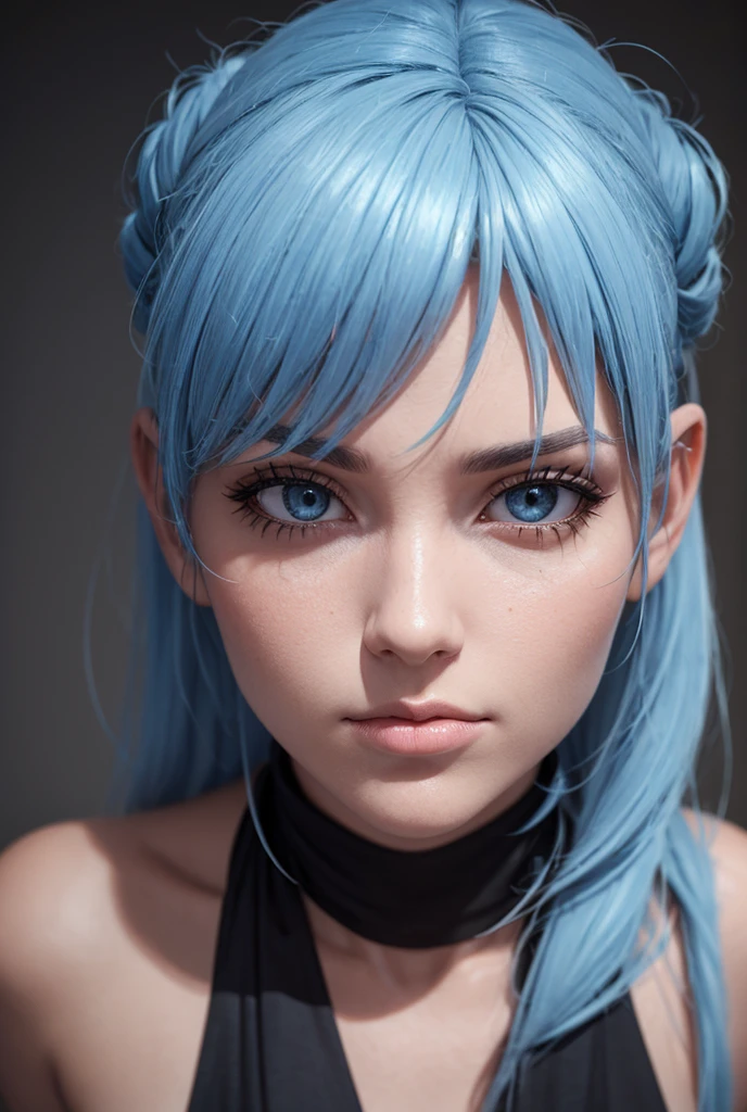 une image 3D de ROY STEVEN avec un effet métallique et une lumière bleue éclatante, portrait réaliste, gros plan, expression sereine, posture fière, détails des traits du visage, des vêtements et de la texture métallique, environnement de studio avec éclairage dramatique, style photographie de mode, rendu 3D haute résolution, hyperréaliste, couleurs vives, éclairage contraster