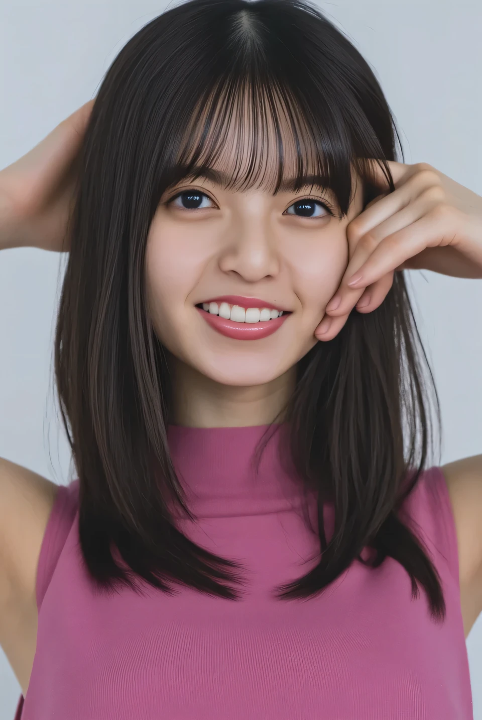 ((( High Resolution , top quality, very well detailed, masterpiece , highly detailed photos , realistic , Real people , Ultra precise skin ))) , , ( from the front ) , full body , Advance Shot , Viewer , ( giggle face ) , { wearing the sleeveless T-shirt : 1.8 } , black hair , medium hair , medium breasts , focus on the face , chest and hip , (( tuck hair behind the ear : 1.8)) , { nsfw } , In the park