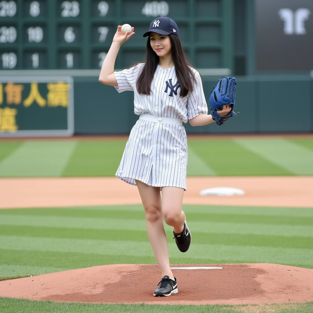 Japanese actress throwing out the first pitch of a professional baseball game with dynamic form, long black hair, wearing Yankees uniform dress, beautiful raw legs, black spikes, blue glove,close her upper body