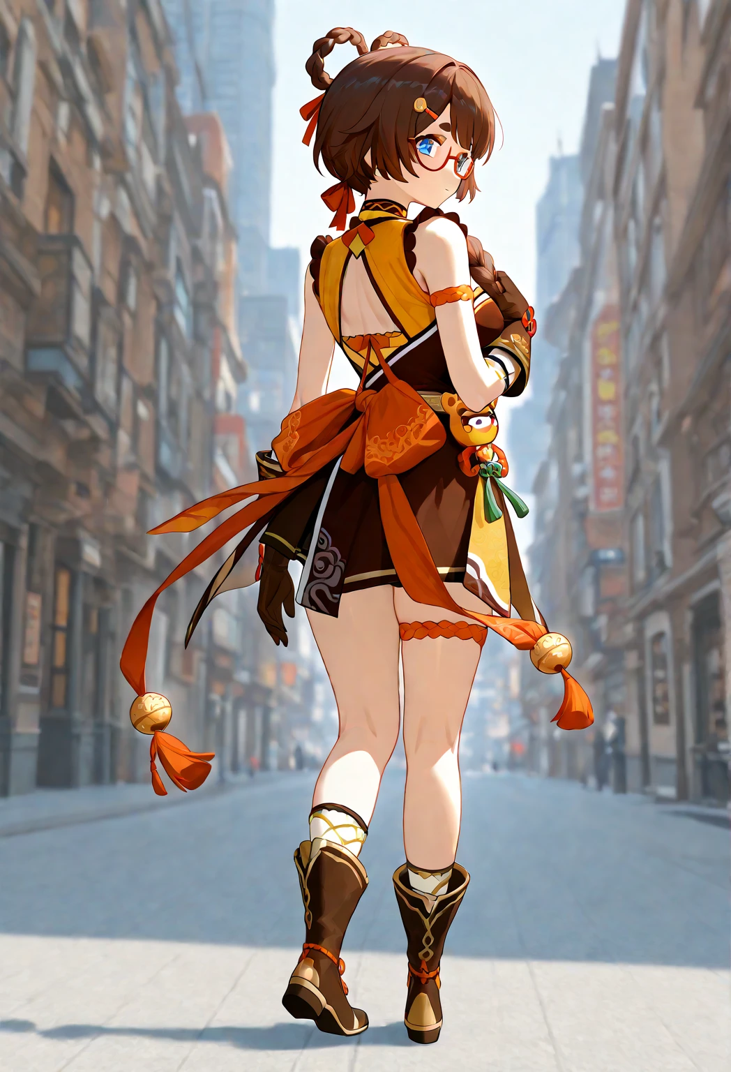 Anime cute young Woman with brown hair in a short braided ponytail over shoulder, with blue eyes, with glasses, in genshin impact xiangling’s clothes, with brown full gloves, with large chest, with enlarge curved buttocks, full body portrait, with back turned, in a city background