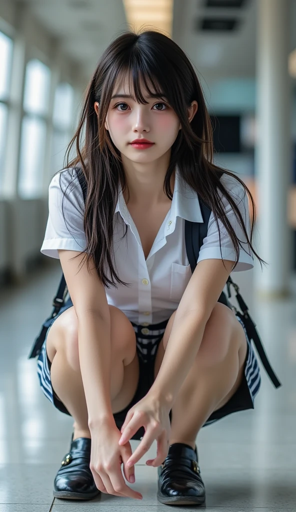 angle from below, Move your center of gravity back, pretty embarrassing, no panties, thin legs, tight skirts, knees at 90 degrees, heels on the ground on, hands in front of my feet, kneeling down, sidewalk, RAW photos, 8K, highest quality, ultra-high resolution, beautiful faces detailed, real human skin, gentle expressions, Front view, long hair, realistic, photorealistic, cute, short skirt, squatting to spread legs deep, in the city, cute school girl, Japanese schoolgirl uniform, wearing Japanese school uniform, surreal high school girl, whole body,