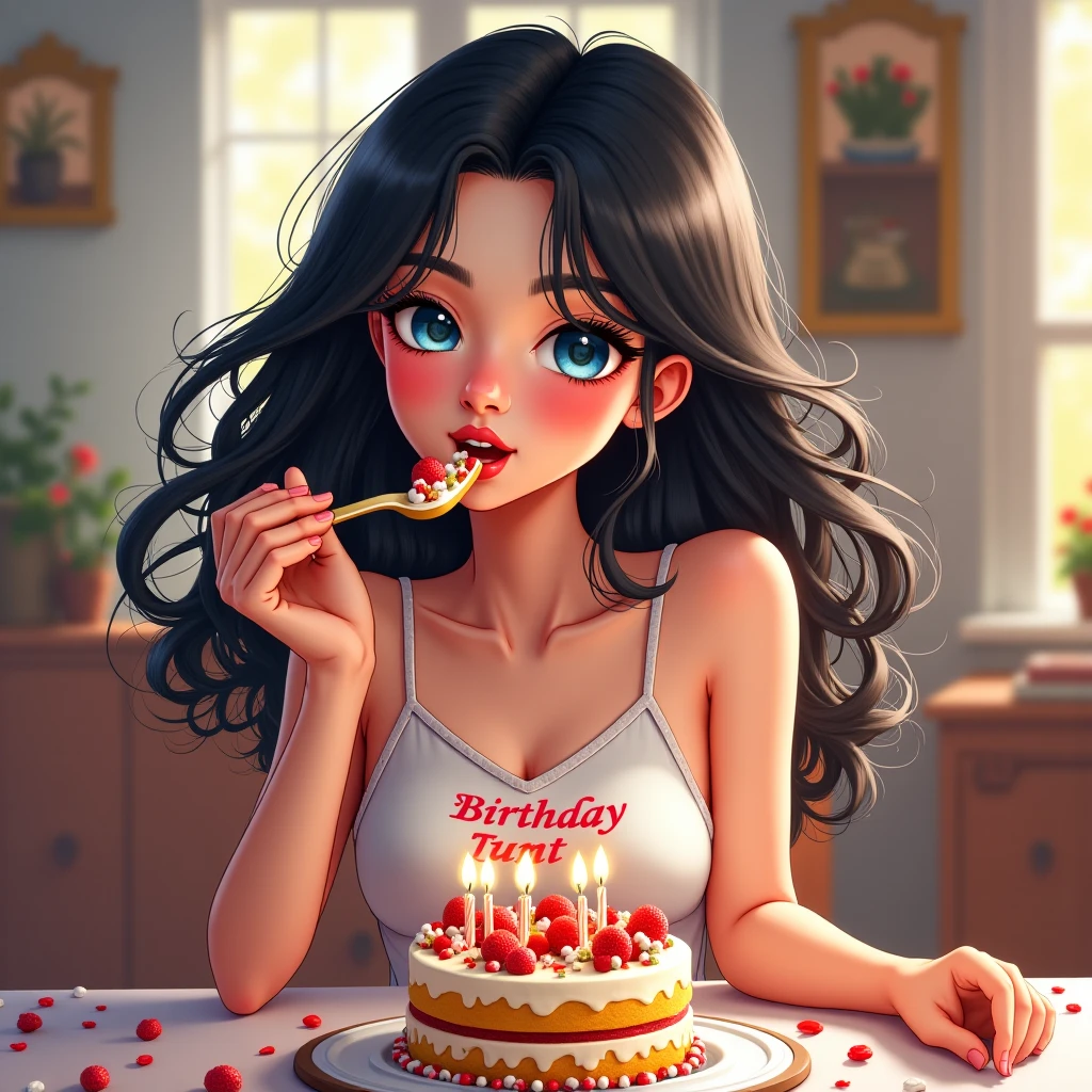 portrait,  beautiful woman, a headband bow, sitting behind a birthday cake, looking at viewer, dark shadows, presents in background, red|black hair  <lora:CuteCombine1:1>VCuteStyle