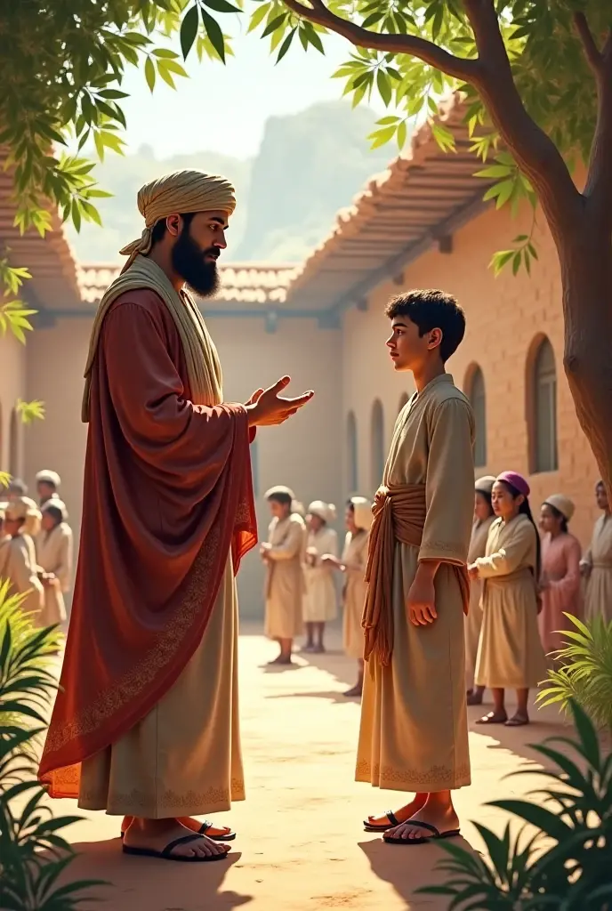 Ali has returned to the village elders, who have faces of wisdom and patience. The elders are explaining the importance of the Quran to Ali.