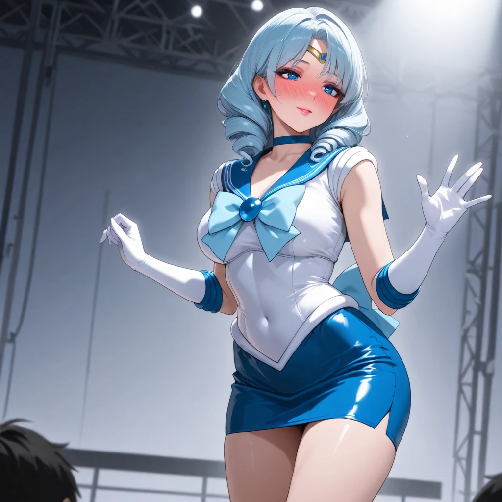 masterpiece, high quality, illustration, extremely detailed, steampunk town, standing, 1_women, (upper body), (bright blue hair), medium length hair, cute bangs, flowing hair, cheeky smirk, (exotic skin_complexion:1.4),mature, tall, (hand on hip), beautiful, exotic, elegant, slim, (((sailor collar))), sleeveless, black thigh highs, choker, medium bust, wearing black bunnysuit, (((cameltoe))), bunny ears, purple high heels, diamond shaped eyes, (((purple eyes))), dark_eyeliner, long_eyelashes), natural dynamic lighting, spotlight,