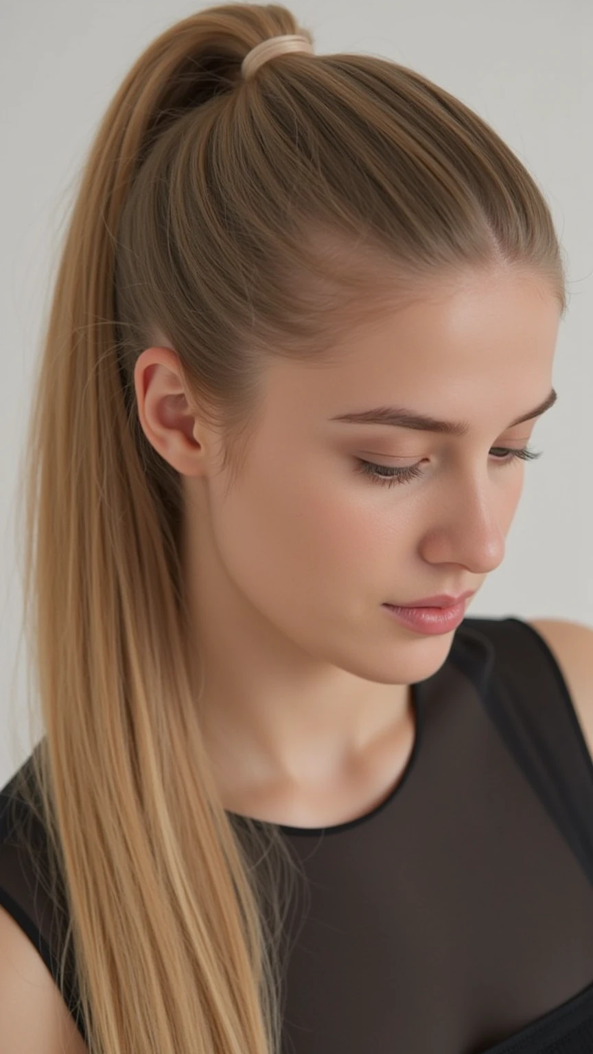 a 20 year old thick Scandinavian model, eye shadow, ponytail,