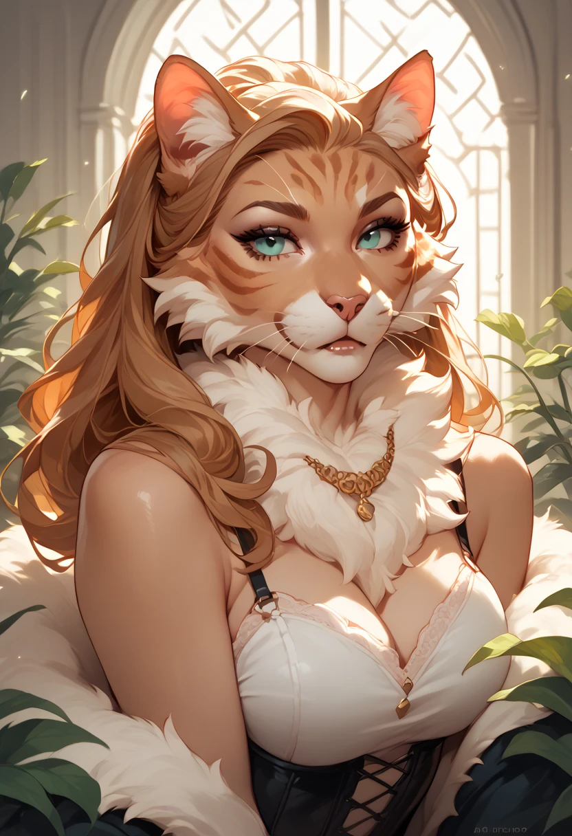 **Prompt:** A beautiful, (masterpiece), high quality, perfect lighting, highly detailed CG Unity 8k wallpaper, high resolution, perfect lighting, youthful, adolescent, tall, slim, skinny, frail slender figure, slim legs, distinctly feminine figure, narrow hips, long legs, close-up shot of a unique female leopard character. She has sleek, golden-yellow fur adorned with intricate rosette patterns in deep black, giving her a striking and exotic appearance. Her hair is long, flowing, and jet black, cascading down her back and partially covering one side of her face. Her eyes are a deep, enchanting green, filled with a mysterious allure.
She is dressed in a sensuous, elegant outfit: a form-fitting silk camisole in deep emerald green with delicate lace trim, paired with a sheer, flowing wrap that drapes over her shoulders and arms, adding a touch of sophistication and grace. Her accessories include a pair of dangling silver earrings, a thin, diamond-studded choker, and a delicate silver bracelet. She holds a single, deep red rose in one hand, its petals soft and velvety against her fur.
The character is posed reclining on a luxurious, plush chaise lounge upholstered in rich velvet. One leg is elegantly draped over the side, while her other leg is bent slightly at the knee. Her free hand rests lightly on the back of the chaise, fingers gently curled. Her expression is soft and inviting, with a slight, knowing smile and half-closed eyes that exude a sense of calm and sensuality. The background is softly blurred, with hints of a lavish, dimly lit room adorned with rich fabrics and ornate decor, creating an intimate and romantic atmosphere that enhances the character's allure and the captivating mood of the scene.