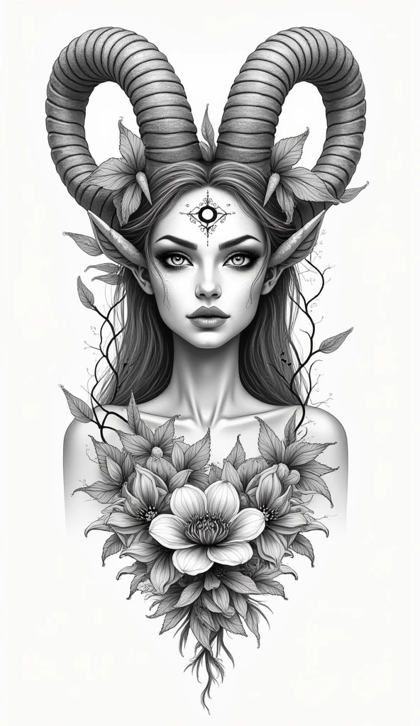 a drawing of a woman with horns and flowers in her hair, girl design lush horns, goddess. extremely high detail, fantasy drawing, fey queen of the summer forest, goddess of the forest, queen of the forest, detailed 4 k drawing, goddess of nature, detailed matte fantasy portrait, detailed digital drawing, black and white drawing, keyleth, young woman with antlers