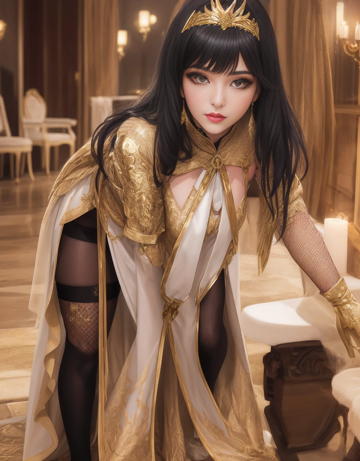 NSFW: 1.5, 12 years old Japan girl, fully adjusted, straight long black hair that reaches to the buttocks, medium large beautiful breasts balanced on the left and right, priestess uniform, praying in the chapel, crotch open.