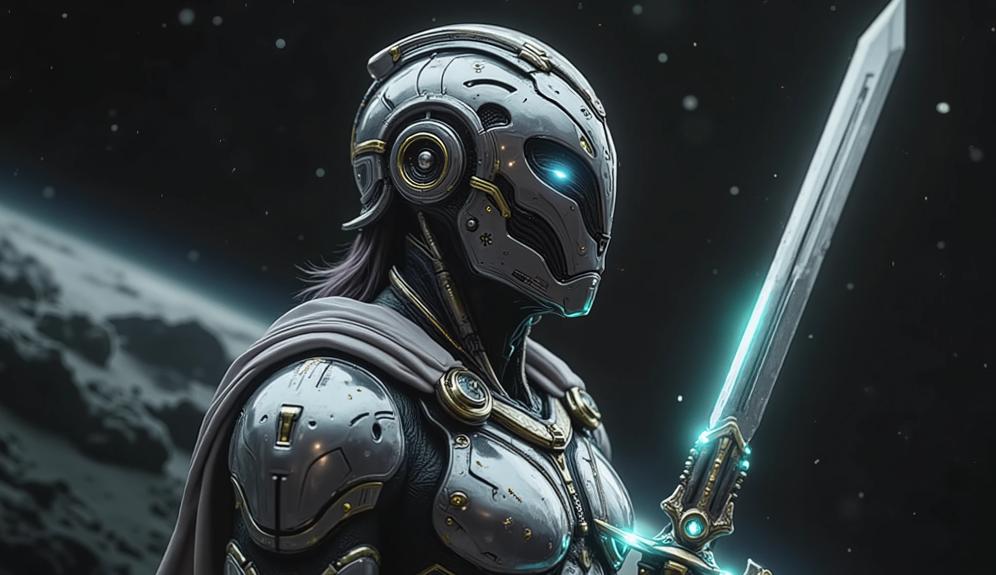 "Create an image of a strong, heroic man with an athletic build, inspired by ancient Greek warriors but in a futuristic setting. The character has short, dark hair and a slight beard, with a strong jawline and a determined expression. He wears a sleek, metallic futuristic armor with smooth, minimalist lines, predominantly silver with subtle blue or white accents. His helmet is inspired by ancient Greek design but features a stylized lion’s face on the front, with the mane flowing around the face and glowing eyes that appear holographic or made of energy. The helmet’s color is metallic silver or gold with accents of blue light. It has a cristal front because it is a space helmet, holds a glowing, futuristic sword and wears a short cape. The overall look should blend ancient and futuristic elements, giving the impression of a leader prepared for battle in space. The background features a futuristic space setting, with stars or a spacecraft in the distance."
