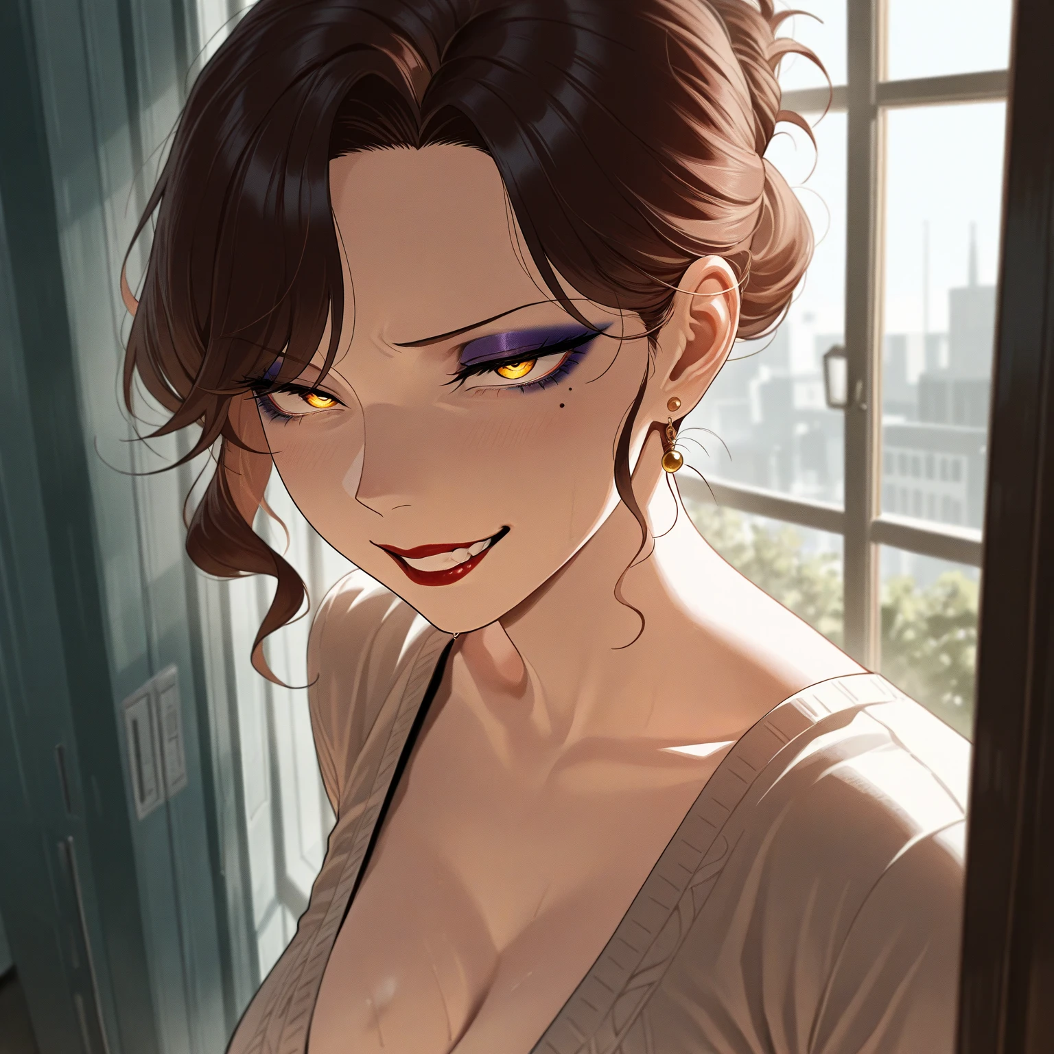 (Highest quality, Very detailed, Anime Images, Game CG, art CG, Realistic, Cinema Lighting, Perfect Shadow, Realistic lighting shading, Unity8k wallpaper), student,student服, (Stylish clothing), (Pleated mini skirt), Black Pantyhose,Black knee high sock, Big Breasts, Long Hair, Mature Woman, (Lace panties), Perfect Eyes, Perfect Face, Earrings, (Purple garter belt: 1.1), Bible Black Style, Vulgar blush, nose, Watch Viewer, Sexy pose,Future City