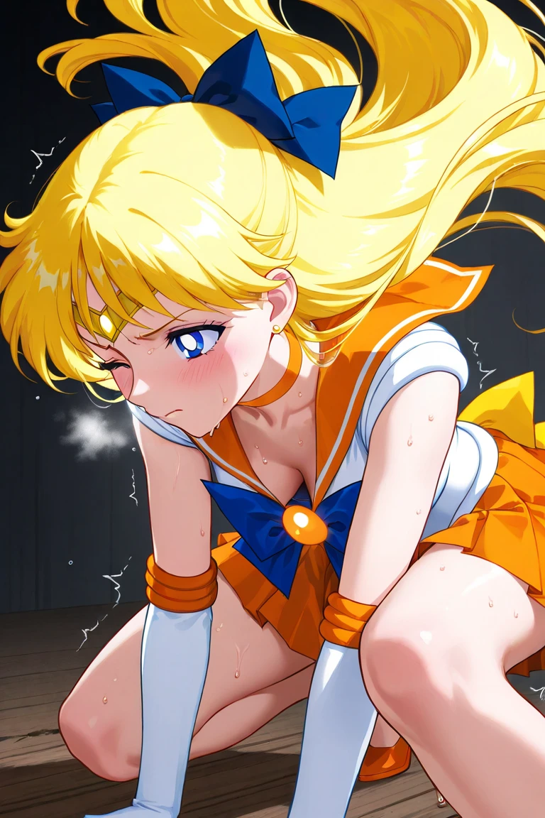 masterpiece, best quality, highres, sv1, sailor senshi uniform, medium breast, smile, open mouth, orange skirt, elbow gloves, tiara, orange sailor collar, red bow, orange choker, white gloves, jewelry,smile, brush, from below, Panty shot, Love juice, squatting, white leotard, milf, ornate fabric, leather texture, dramatic lighting, cinematic shot, atmospheric, depth of field, comic style, watercolor style, floating hair, wind, wind lift, shiny hair, outdoor, sunshine, arms behind head