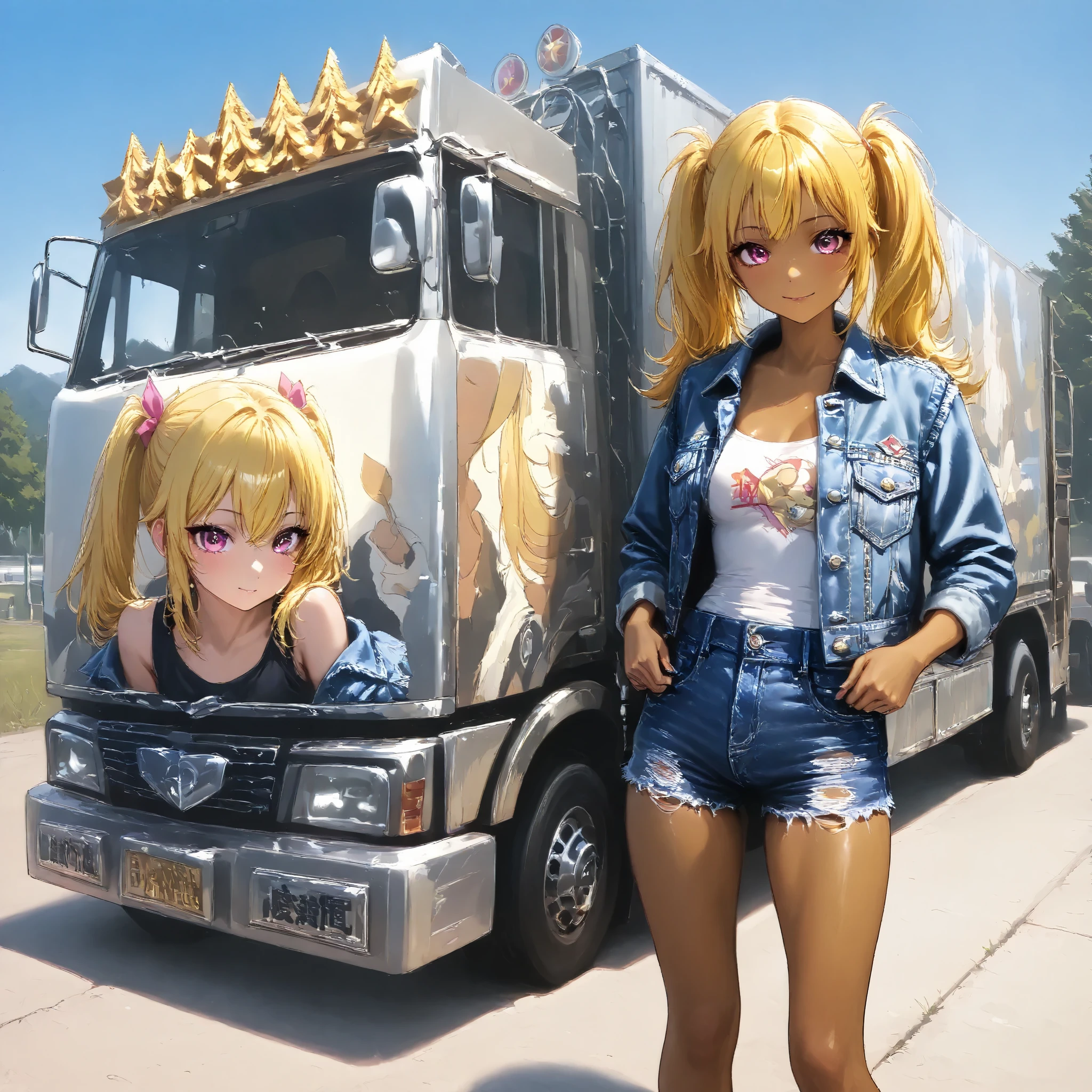 1 bad girl、 ponytails for beautiful people、 yellow hair 、 matte brown skin 、 Read more、denim jacket、 short jeans 、Take a commemorative photo with the truck