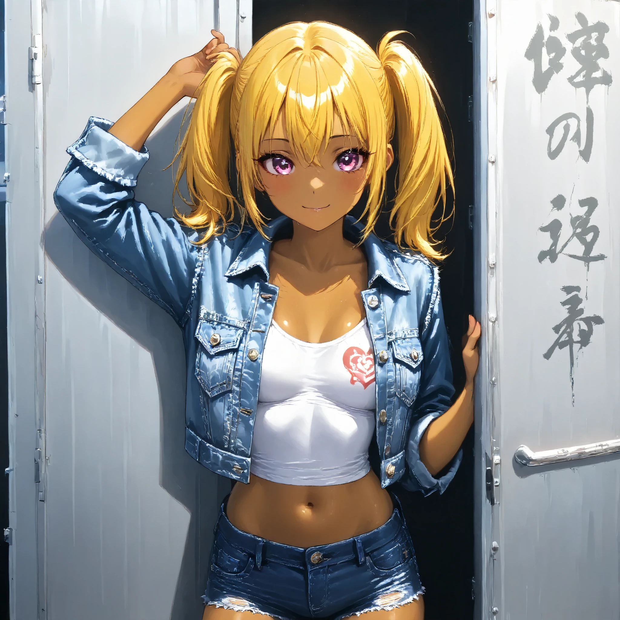 1 bad girl、 ponytails for beautiful people、 yellow hair 、 matte brown skin 、 Read more、denim jacket、 short jeans 、Take a commemorative photo with the truck