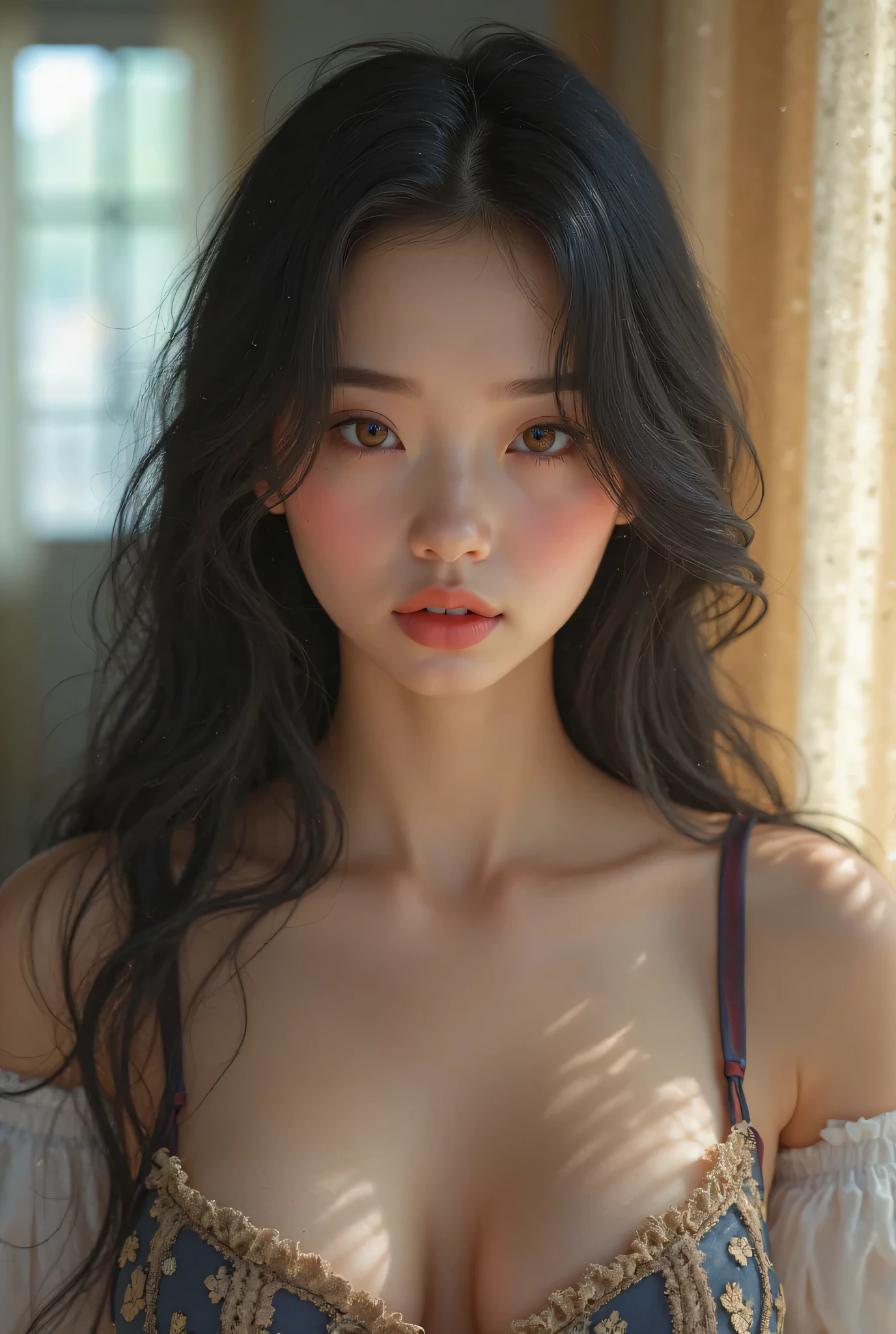 A beautiful young girl with pale skin and black hair, big breasts and a beautiful face.Masterpiece artwork, best qualityer, High details, HD Model