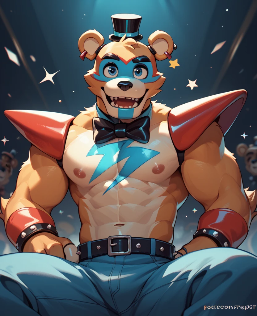 Make a freddy fazbear from the first game that is muscular and has red shorts