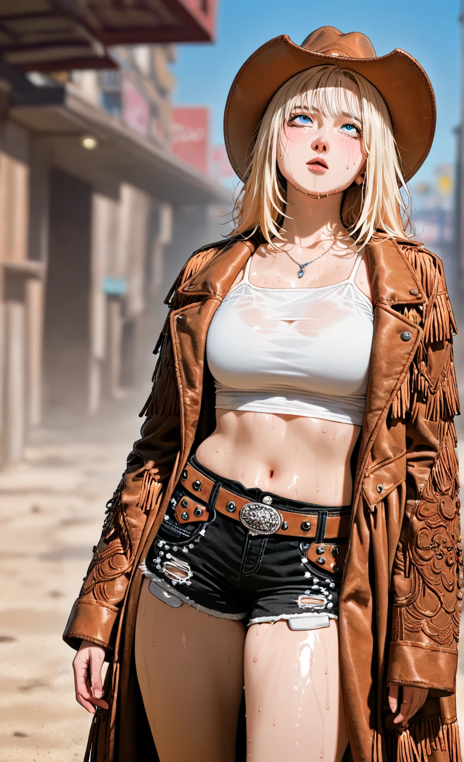 cute woman, amorous and lewd face, blonde half-up straight long hair, make-up, blue eyes, superlative body proportion, covered in tattoos, wearing open shirt, short jeans pants, western boots, (ultra detailed, absolutely resolution, best quality:1.3), 2.5D, delicate and dynamic, artistic photography, hyper realistic, graphic CG digital anime-style art