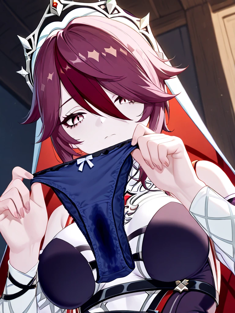 Rosaria (Genshin Impact), clothed, (fit situation), glamorous, leggy, chunky legs, curvy, (upper body), {{{holding out Stained panties}}}, vaginal discharge stain There are stains of vaginal discharge and urine, which look smelly, {give panties},present for viewer,{{{{{You hold your panties spread out in your hands}}}}}, {{showing your panties crotch for viewer}},{{{upturned eyes}}},facing down, {{{absurdres}}}