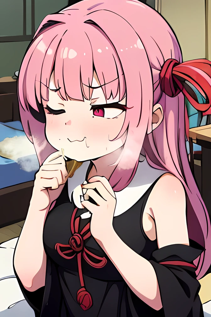 1girl , cum in mouth, after fellatio, cum string, ,kotonoha akane,((hanging eye)),Small eyes,red eyes, iris,(((A single fang))),round face,hair ribbon,long hair,pink hair,(((big breast))),(chubby),(((black dress:1.5))), detached sleeves, wide sleeves, bare shoulders ,(((enjoy:1.5))),(((heavy breathing :1.4))),(in heat),(happy),(closed eyes),(closed mouth),indoors,bedroom,on the bed,upper body,face focus,Angle from Above,