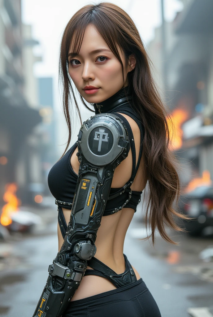 an Asian woman, very beautiful, with long black hair, she has a weapon, robotic arm, and wears a white tank top and jeans, she has big wings on her shoulders like an angel, she is seen from head to toe and she is standing