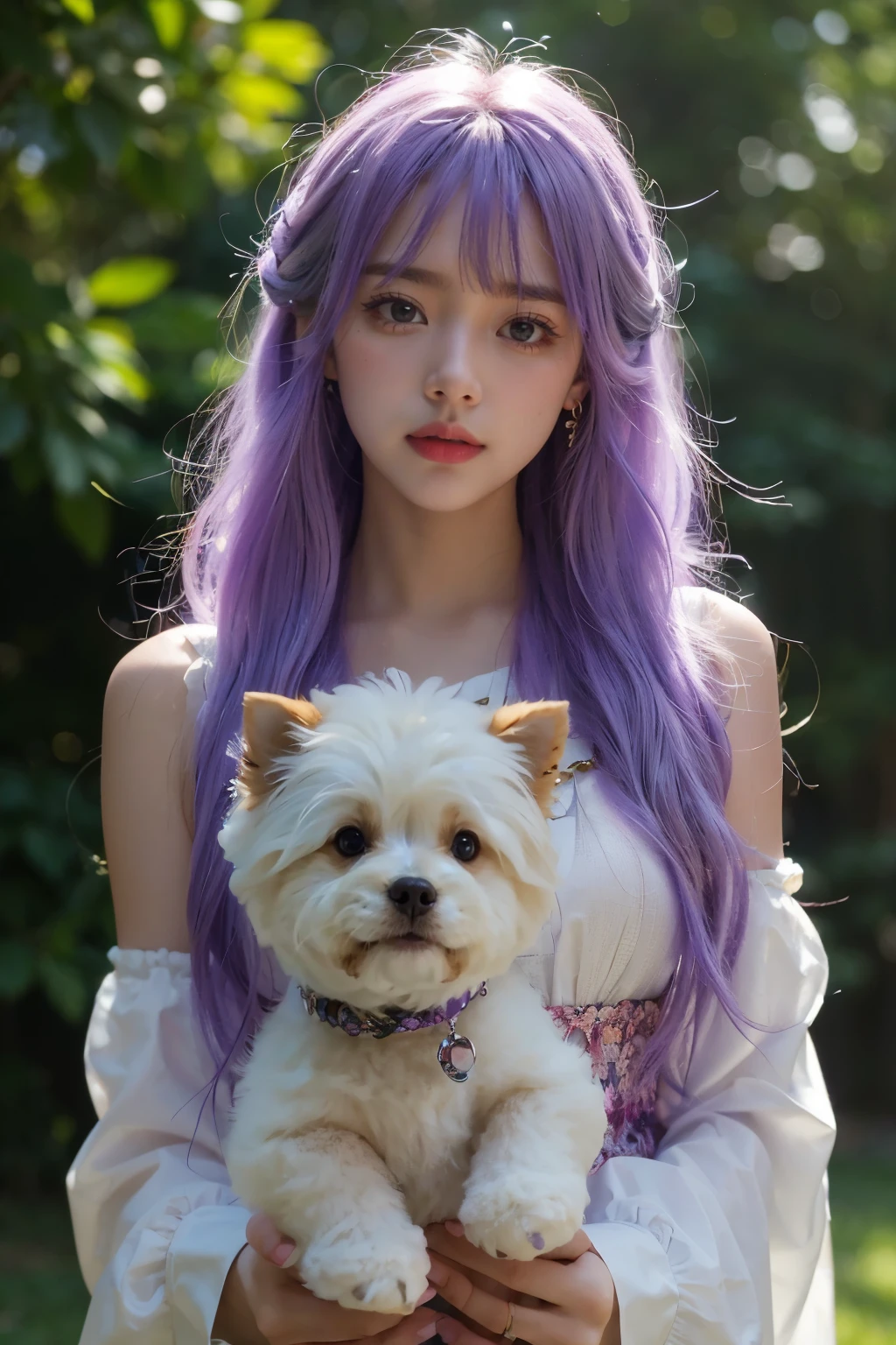 (cute face )clear coat.dq pom ,purple hair, earrings.、 Made of high quality straw , bungs , Little head on the street :1.3 Ultra Realistic :1.2 , masterpiece, Made of high quality straw , More details, has realistic lighting .A Broader Perspective . fantasy . outdoor