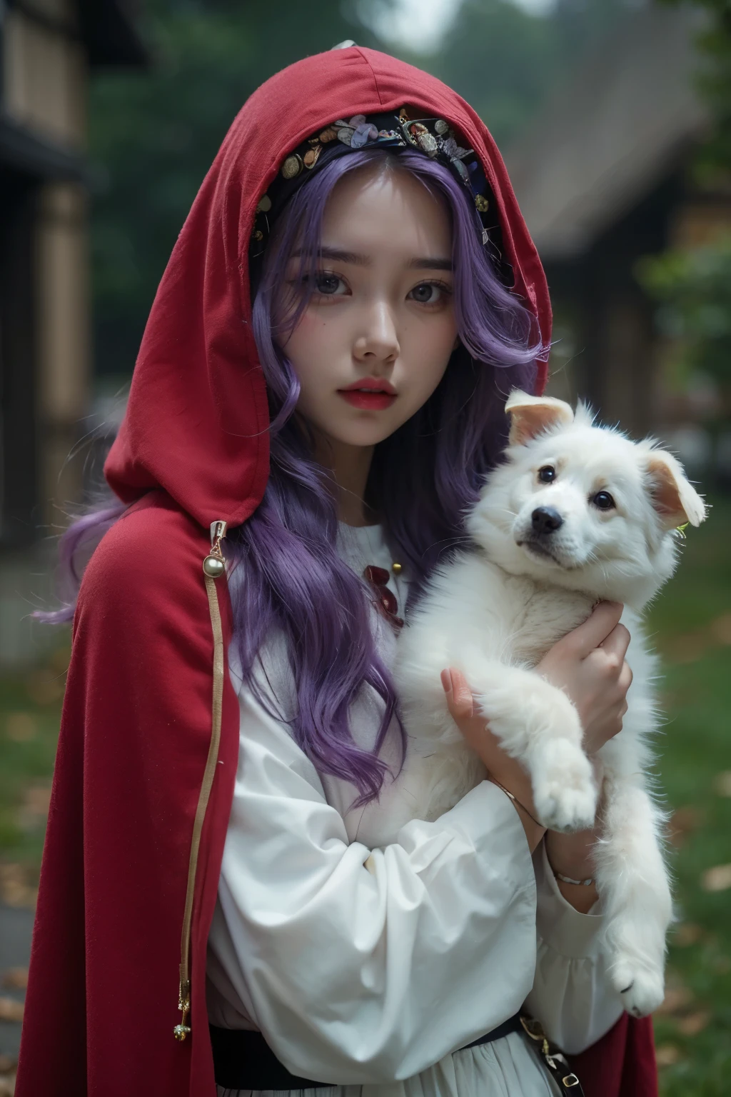 (cute face )clear coat.dq pom ,purple hair, earrings.、 Made of high quality straw , bungs , Little head on the street :1.3 Ultra Realistic :1.2 , masterpiece, Made of high quality straw , More details, has realistic lighting .A Broader Perspective . fantasy . outdoor