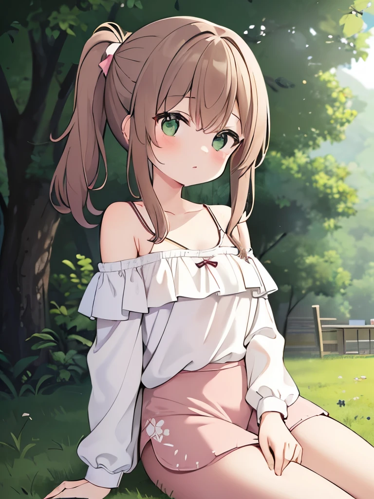 1girl, 23 yro, cowboyshot, long dusty rose brown hair, side ponytail, loose wispy layers,  hazel green eyes, tired distant-looking eyes, flowy off-shoulder blouse, plested soft fabric shorts, patterned leggings, sitting in nature, laying on the ground, cute, absurdres, high res, ultrasharp, 8K, masterpiece