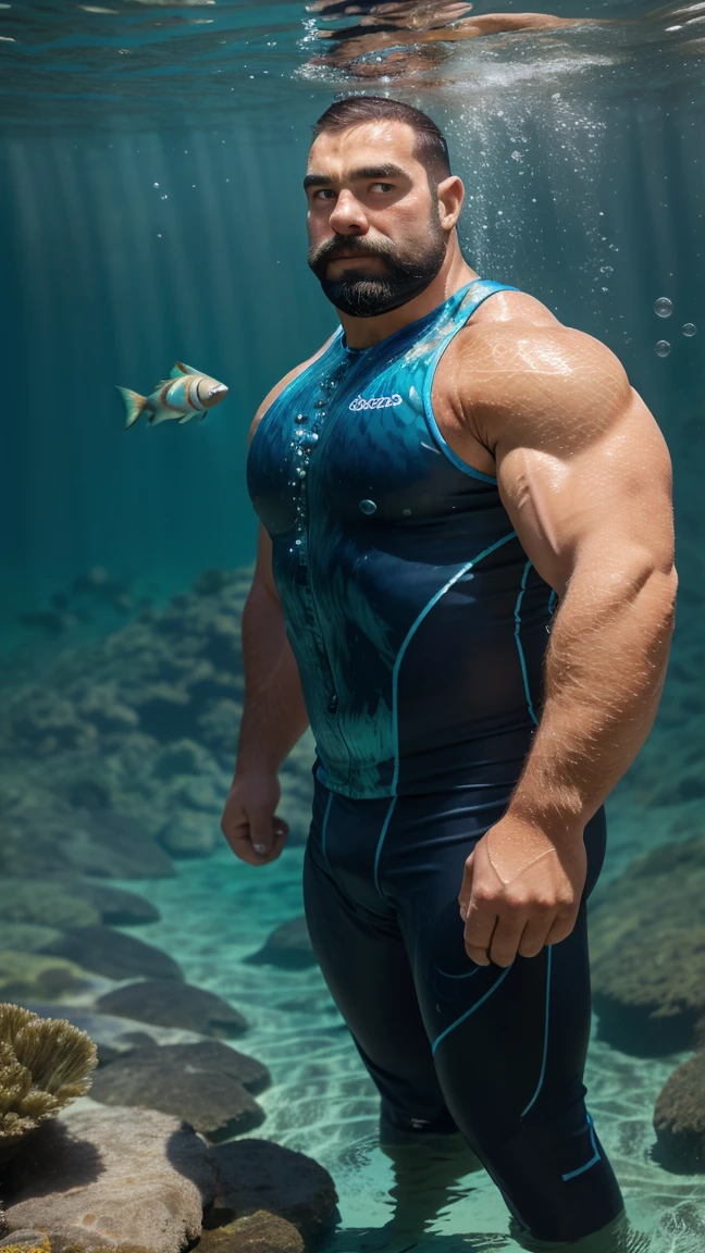 There is only one handsome Asian actor in the photo,35 years old,High target, Fitness,short hair, O-Shaped Beard,Perfect body, Dark skin color,Radiant Skin,Smooth skin,Shiny, shiny skin,Smooth pectoral muscles,No chest hair,No body hair,Muscle bulge, muscular, Very large pectoral muscles,Very sexy abdominal muscles,Very well-developed leg muscles,Huge concave and convex area,Brightens oily skin,Wearing a shiny gold leather thong,Handsome face,Wear shiny gold leather socks,Correct and accurate male body proportions, standing under the sea,There are colorful corals around。