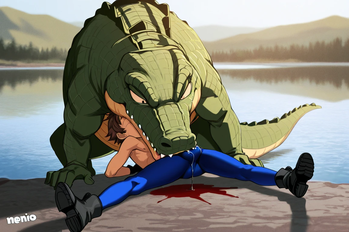 （Defeated hero being raped by red lizard）bestiality、Constraints、Young Shota、Nipples、Red Hero Suit、Tight hairstyle、Brown Hair、Intense ejaculation、Ahegao、Erect penis、((Violent Rape、Intense 、A lot of semen、Mating、From the side view))heart