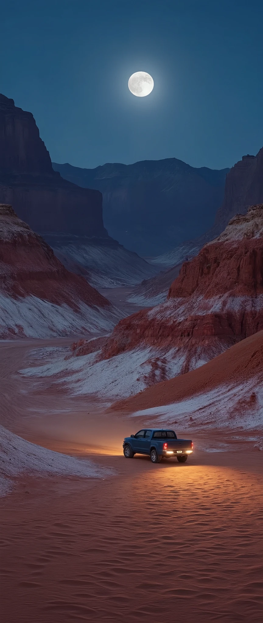 High Res Images 。colored desert、an image of Arizona's colored desert desert、shining on the white and red striped sand of the desert、depicting the desert below Arizona's dramatic valley、((masterpiece))Dramatic Half Moon Night 、under a dramatic canyon、Drive a dark blue pickup truck in the distance on a sandstorm night。