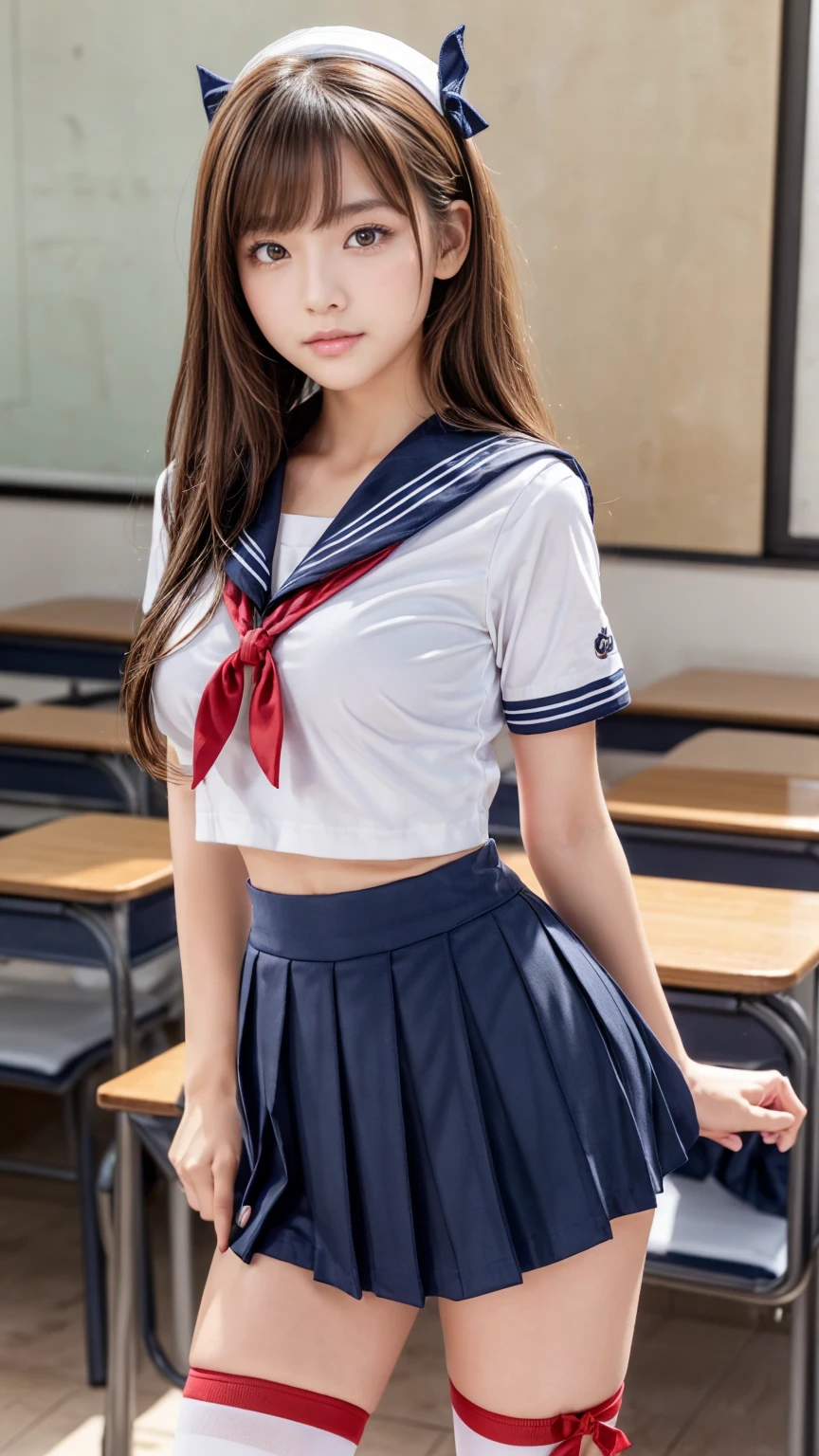 Raw photo , 1 girl  ,Wearing sailor uniform ((teen school girl studying on on in the classroom)) , professional photographer, (hdr:1.4), masterpiece, ultra-realistic 8k, perfect artwork, intrincate details, cute face, award winning photograph, (Best quality, 8k, 32k, Masterpiece, UHD:1.3) ,