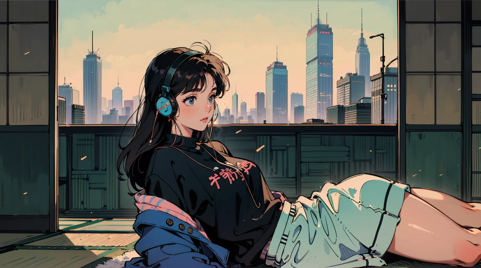 80s Summer night in Tokyo. A 18-year-old girl with long, vibrantly-colored hair stands inside, her curvaceous figure accentuated by a revealing crop top and short shorts. Oversized headphones hang around her neck. She is in her cute room. Outside, a futuristic cityscape glows. various colors in the image