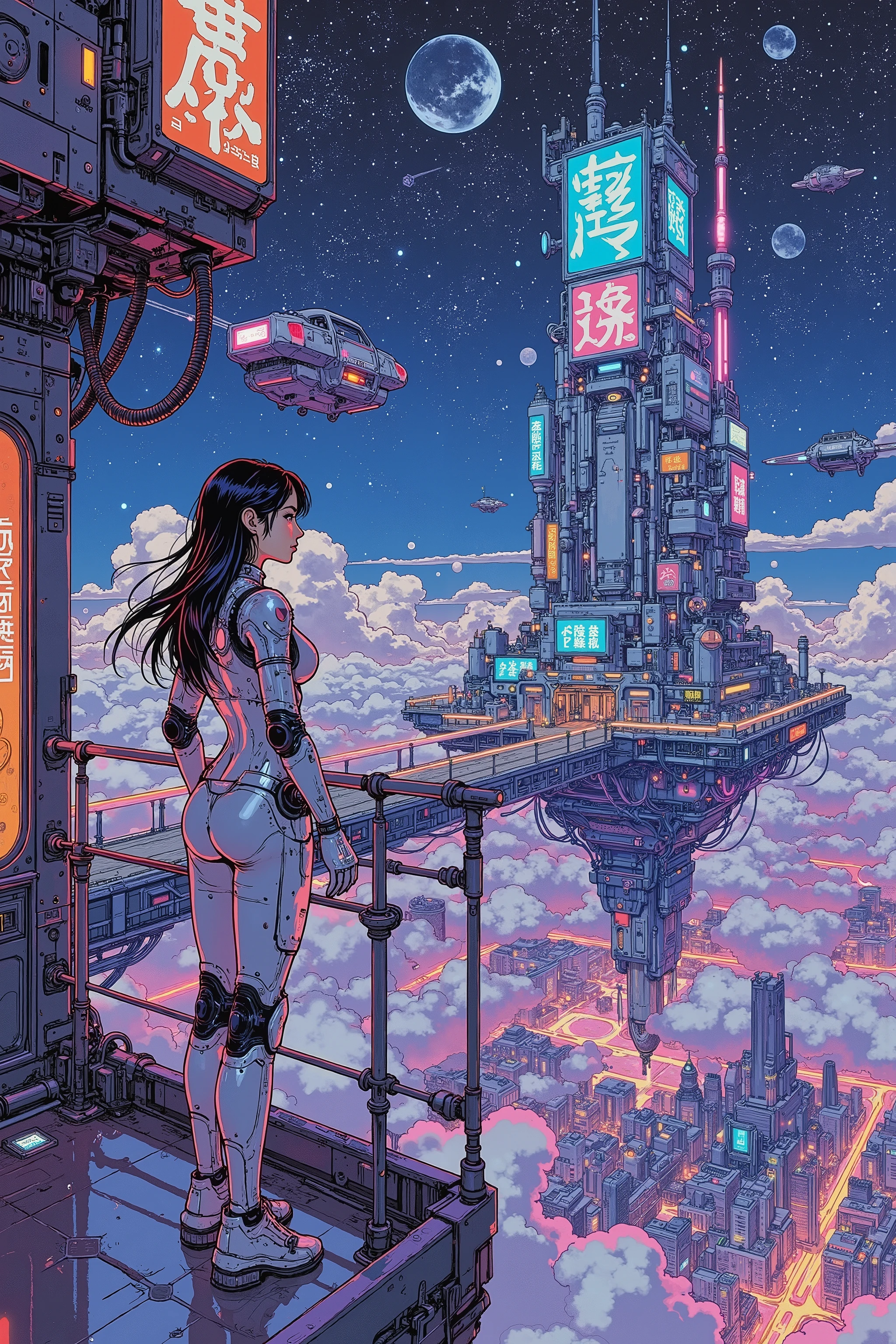 A high-resolution digital painting of a stunning female soldier standing at the edge of a sleek, high-tech balcony, gazing at a vast futuristic floating megalopolis. She wears a form-fitting, advanced combat suit adorned with glowing circuitry and reinforced plating, blending elegance with cutting-edge technology. Her long hair flows gently in the artificial wind, and her sharp, determined eyes reflect both strength and curiosity as she observes the luminous cityscape before her.
The floating megalopolis is a marvel of futuristic architecture, with towering skyscrapers suspended in midair, interconnected by glowing bridges and hovering vehicles zipping between structures. The city pulses with vibrant neon lights, holographic billboards, and cascading energy fields, creating a cyberpunk-inspired yet utopian atmosphere.
The sky above is a deep, starry expanse, punctuated by orbiting satellites and distant celestial bodies, while below, a sprawling network of lower districts disappears into a sea of clouds. The composition is cinematic, with intricate details, dramatic lighting, and a rich sci-fi color palette of electric blues, purples, and neon pinks, evoking a sense of wonder, progress, and mystery.