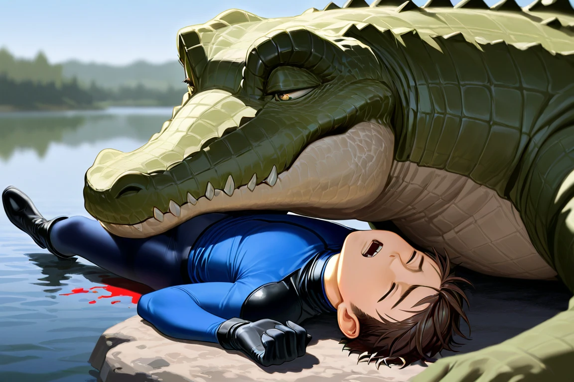 (Defeated hero being raped by a lizard)bestiality、Constraints、Young Shota、Nipples、Red Hero Suit、Tight hairstyle、Brown Hair、Intense ejaculation、Ahegao、Erect penis、((Violent Rape、Intense 、A lot of semen、))