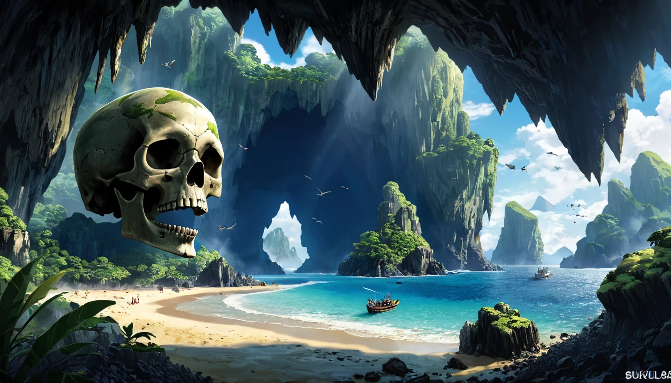 A tropical island, a gigantic human skull shaped cave opens up to the ocean, strange trees and animals grow on the island, fog hangs thin over the isle