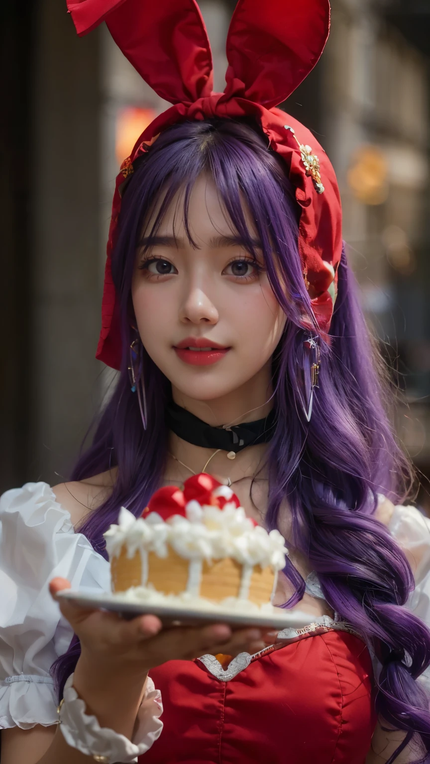 (happy smile)clear coat.dq pom ,purple hair, earrings.、 Made of high quality straw , bungs , Little head on the street :1.3 Ultra Realistic :1.2 , masterpiece, Made of high quality straw , More details, has realistic lighting .A Broader Perspective . fantasy . outdoor