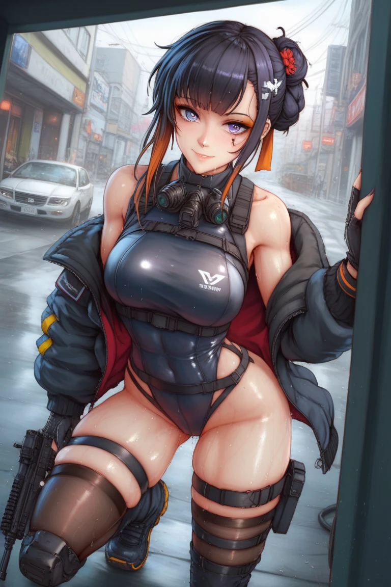Street fighter Chun-li Early morning, city buildings background, sunglasses, red school swimsuit, thick eyebrows, leather backpack, bazooka protruding from the backpack, carrying heavy weapons, (dark skin: 1.3), black gloves, brown skin, movie lighting, beautiful dark brown hair, (masterpiece), ((highest quality)), (super detailed), glossy skin, full body anime girl, solo, clean and detailed anime face, High resolution anime eyes, five fingers, textile shading, perfect human structure, perfect anatomy,